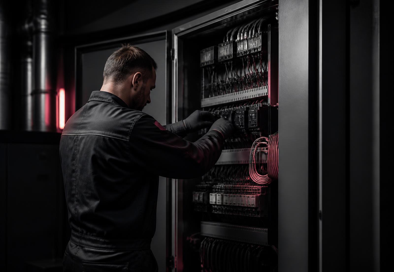 Elektrofachkraft von Flaming Elektrotechnik bei der Wartung eines Industrie-Schaltschranks in Cloppenburg